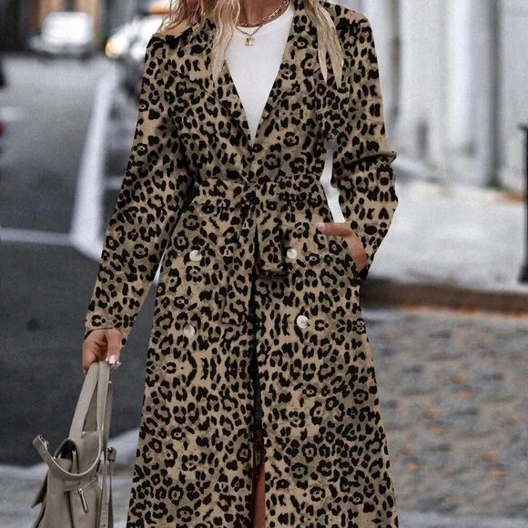 Multicolor Casual Women's Cinched Waist Leopard Print Trench Coat - Picture 2 of 6